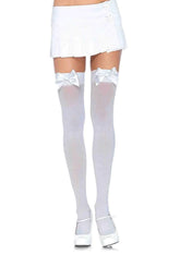 Opaque White Thigh High Stockings With Satin Bow Accent Hosiery